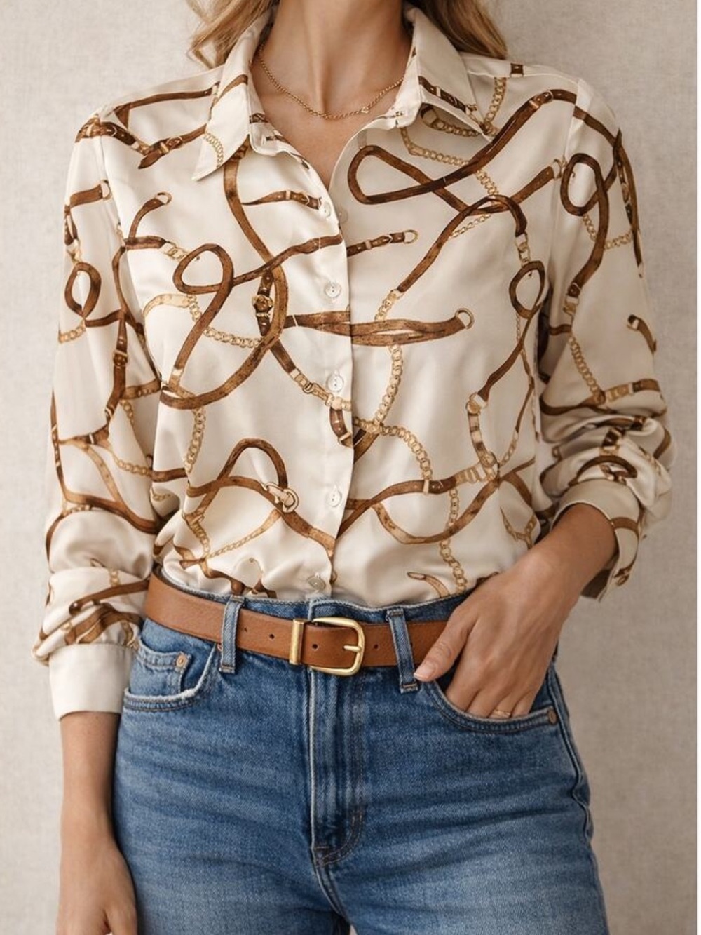 Vintage Jaclyn Smith Chain Bridle Equestrian Horse Satin Button-Down Top Blouse